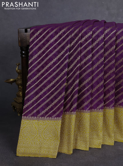 Banarasi Art Georgette Saree purple and mustard yellow with allover thread & zari leheriya weaves and woven border
