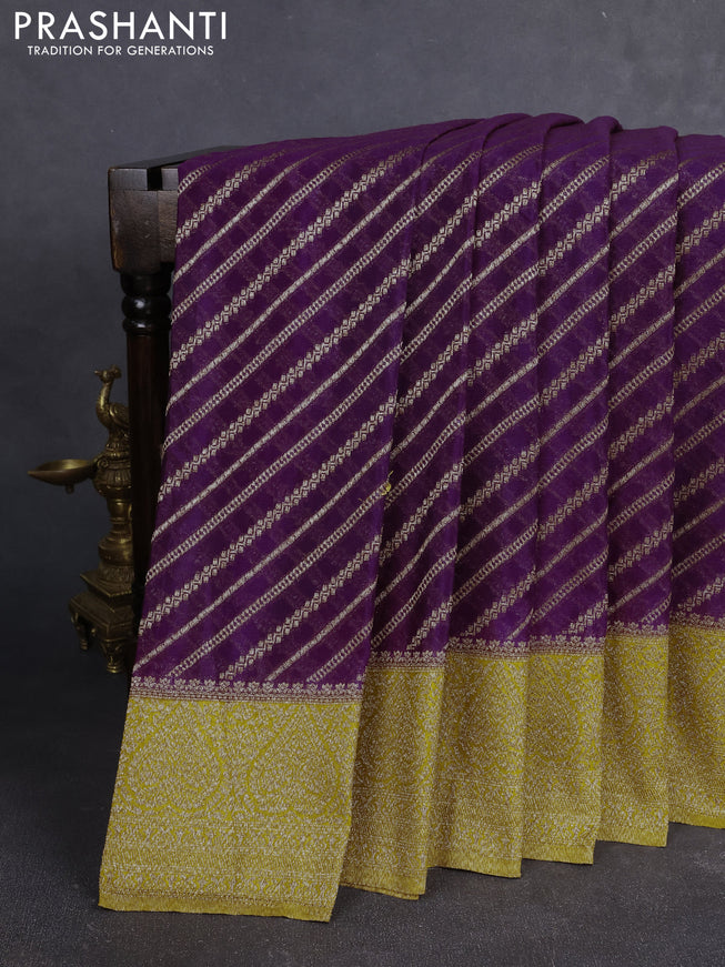 Banarasi Art Georgette Saree purple and mustard yellow with allover thread & zari leheriya weaves and woven border