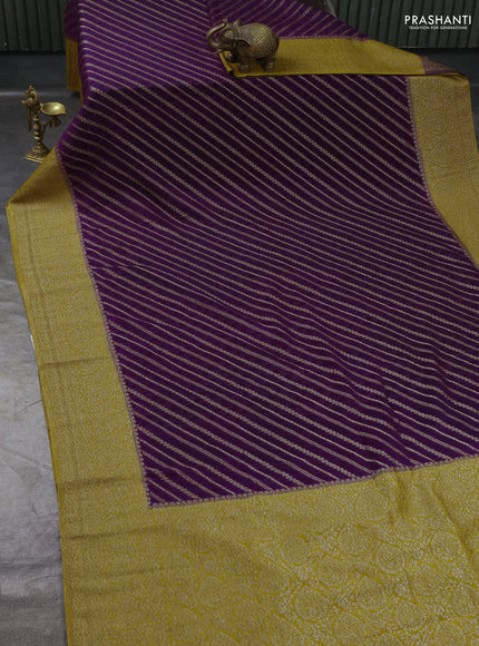 Banarasi Art Georgette Saree purple and mustard yellow with allover thread & zari leheriya weaves and woven border