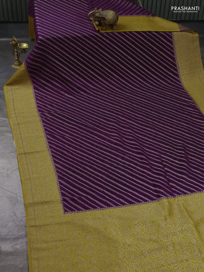 Banarasi Art Georgette Saree purple and mustard yellow with allover thread & zari leheriya weaves and woven border