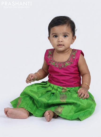 Pure silk kids frock pink and light green with embroidery neck pattern and sleeveless style