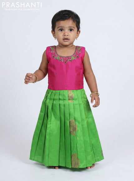 Pure silk kids frock pink and light green with embroidery neck pattern and sleeveless style