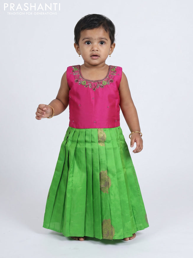 Pure silk kids frock pink and light green with embroidery neck pattern and sleeveless style