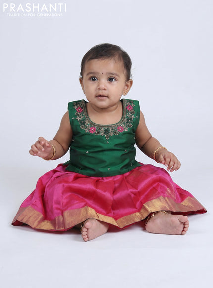 Pure silk kids frock green and pink with embroidery neck pattern and sleeveless style