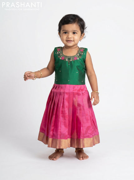 Pure silk kids frock green and pink with embroidery neck pattern and sleeveless style