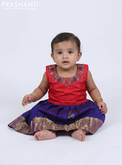 Pure silk kids frock red and blue with embroidery neck pattern and sleeveless style