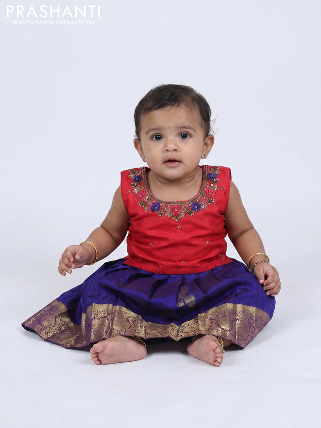 Pure silk kids frock red and blue with embroidery neck pattern and sleeveless style