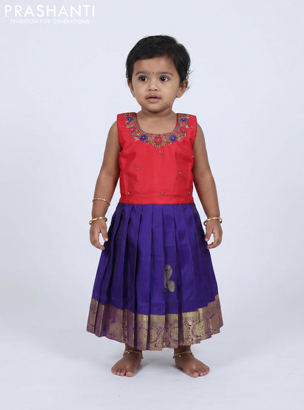 Pure silk kids frock red and blue with embroidery neck pattern and sleeveless style