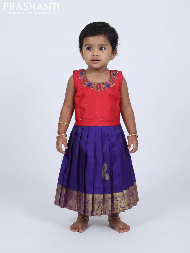 Pure silk kids frock red and blue with embroidery neck pattern and sleeveless style