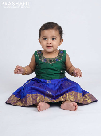 Pure silk kids frock green and royal blue with embroidery neck pattern and sleeveless style