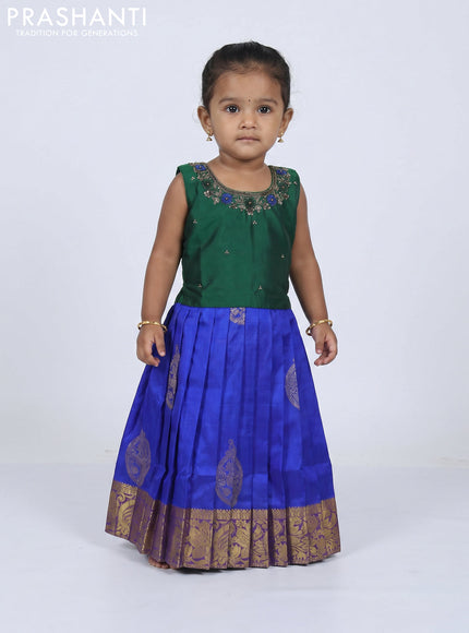 Pure silk kids frock green and royal blue with embroidery neck pattern and sleeveless style