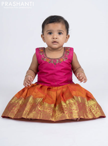Pure silk kids frock pink and sunset orange with embroidery neck pattern and sleeveless style