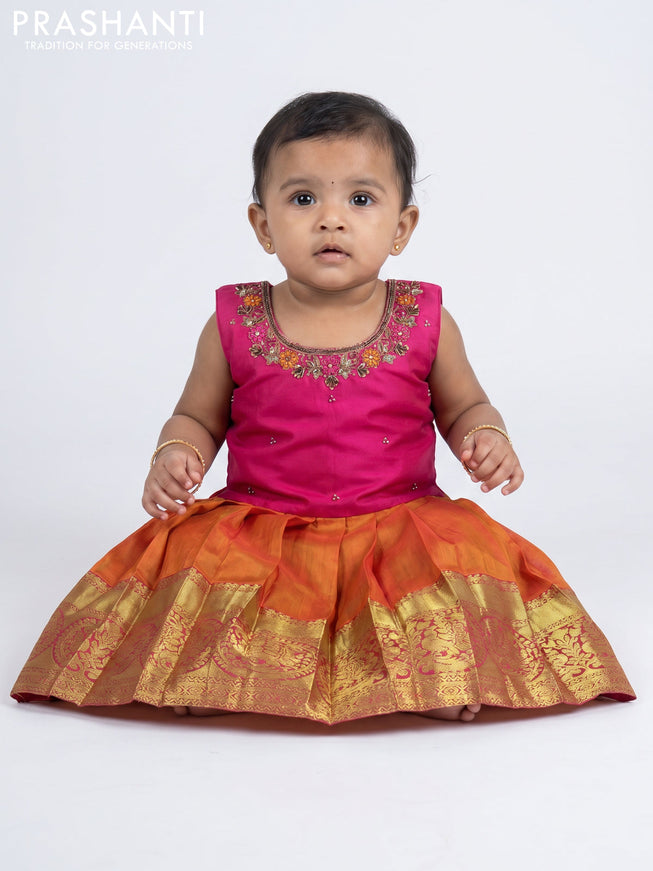 Pure silk kids frock pink and sunset orange with embroidery neck pattern and sleeveless style