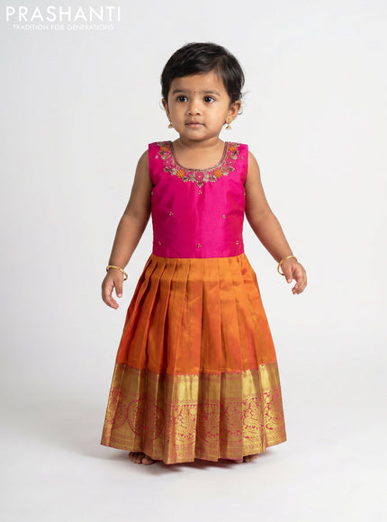 Pure silk kids frock pink and sunset orange with embroidery neck pattern and sleeveless style