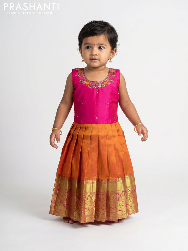 Pure silk kids frock pink and sunset orange with embroidery neck pattern and sleeveless style