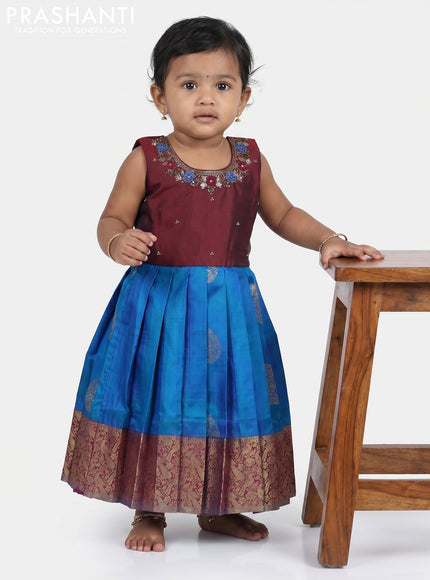 Pure silk kids frock maroon and cs blue with embroidery neck pattern and sleeveless style