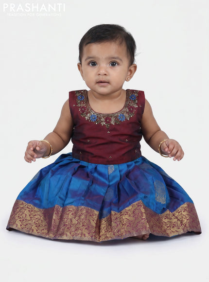 Pure silk kids frock maroon and cs blue with embroidery neck pattern and sleeveless style