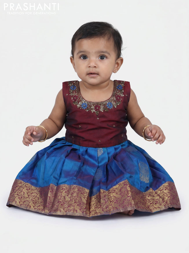 Pure silk kids frock maroon and cs blue with embroidery neck pattern and sleeveless style