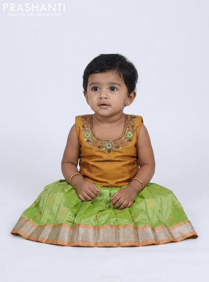 Pure silk kids frock mustard yellow and light green with embroidery neck pattern and sleeveless style