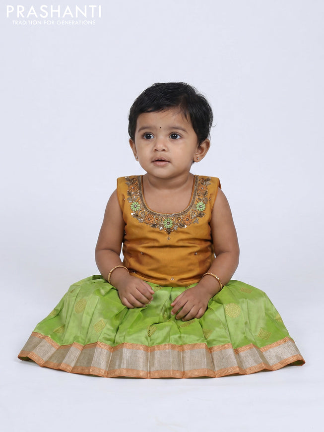 Pure silk kids frock mustard yellow and light green with embroidery neck pattern and sleeveless style