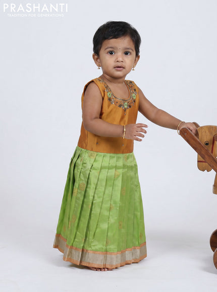 Pure silk kids frock mustard yellow and light green with embroidery neck pattern and sleeveless style