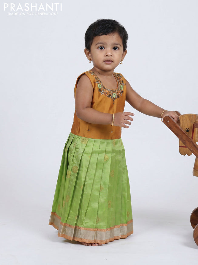 Pure silk kids frock mustard yellow and light green with embroidery neck pattern and sleeveless style