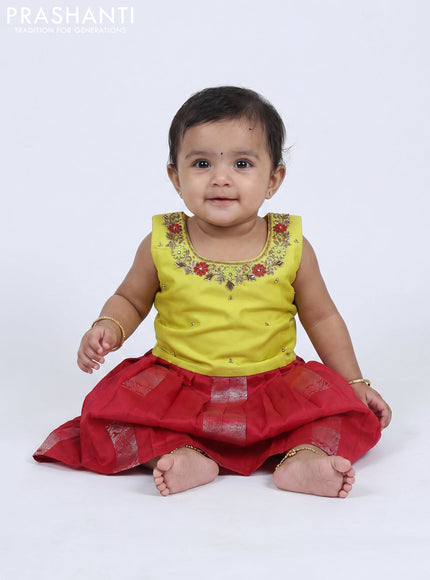 Pure silk kids frock lime yellow and red with embroidery neck pattern and sleeveless style