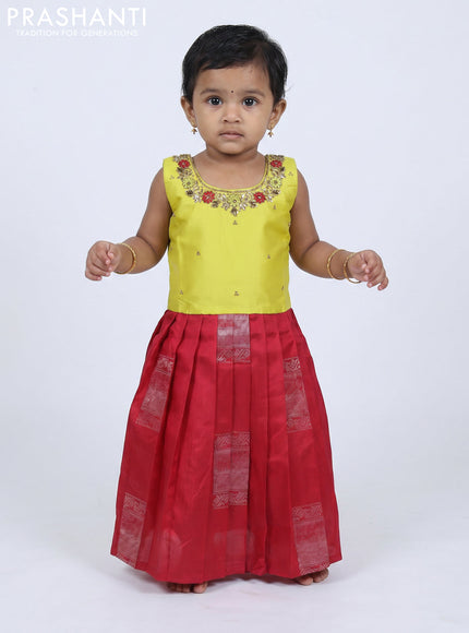 Pure silk kids frock lime yellow and red with embroidery neck pattern and sleeveless style