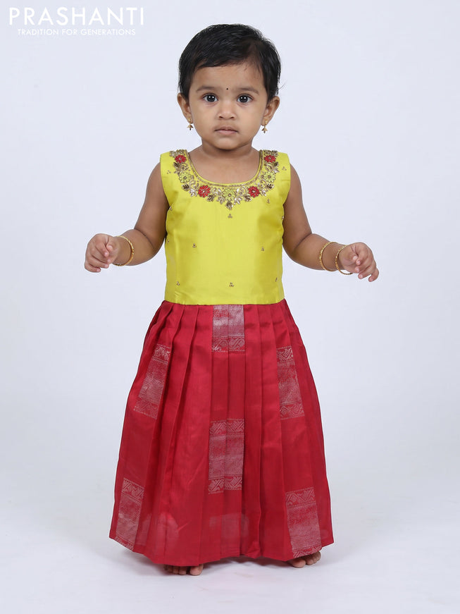 Pure silk kids frock lime yellow and red with embroidery neck pattern and sleeveless style