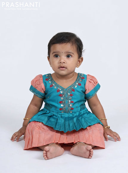 Pure silk kids Lehenga teal blue and maroon peach with embroidery neck pattern and puff sleeve