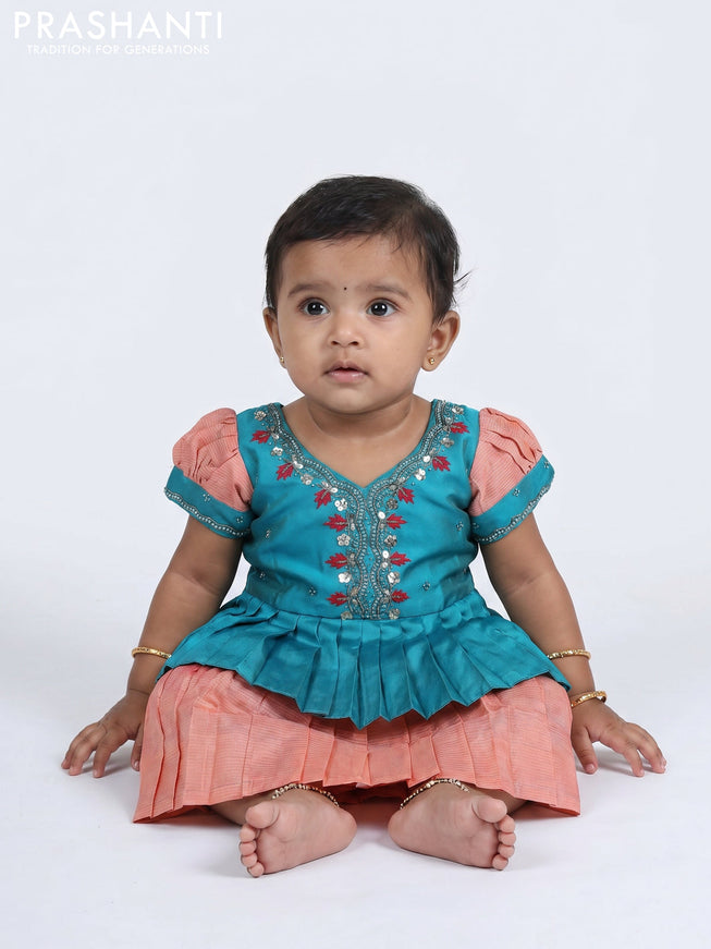 Pure silk kids Lehenga teal blue and maroon peach with embroidery neck pattern and puff sleeve