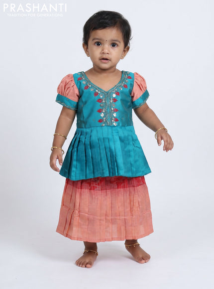 Pure silk kids Lehenga teal blue and maroon peach with embroidery neck pattern and puff sleeve
