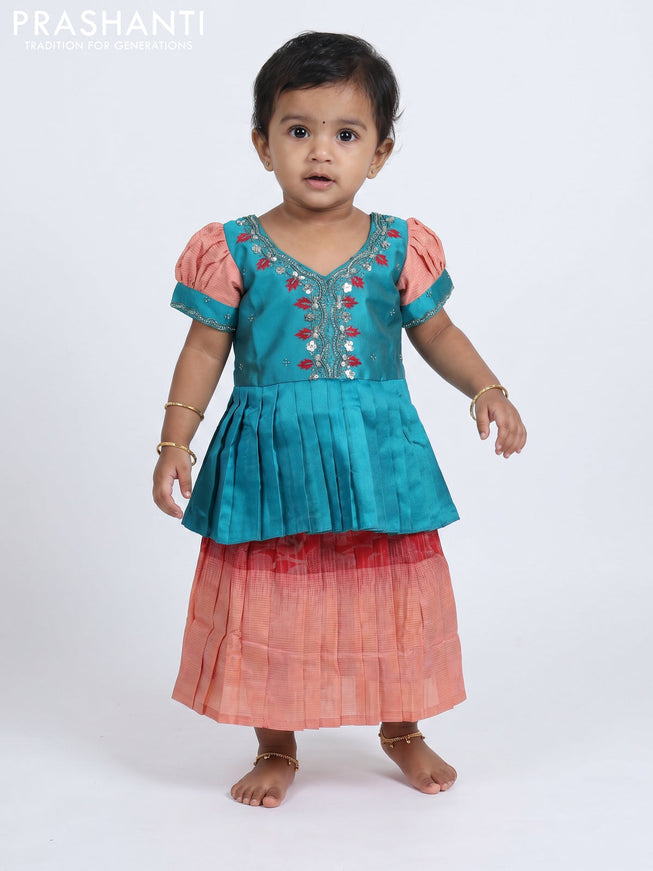Pure silk kids Lehenga teal blue and maroon peach with embroidery neck pattern and puff sleeve