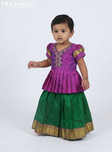 Pure silk kids Lehenga purple and green with embroidery neck pattern and puff sleeve