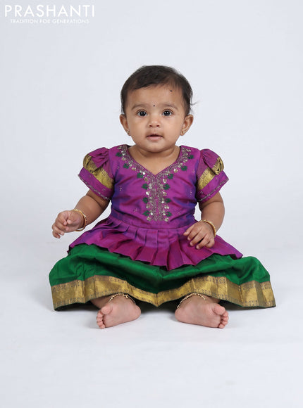 Pure silk kids Lehenga purple and green with embroidery neck pattern and puff sleeve