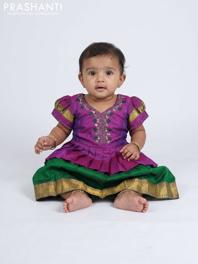 Pure silk kids Lehenga purple and green with embroidery neck pattern and puff sleeve