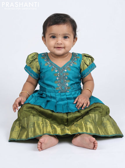 Pure silk kids Lehenga teal blue and mehendi green with embroidery neck pattern and puff sleeve