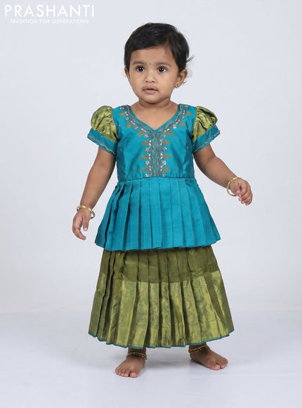 Pure silk kids Lehenga teal blue and mehendi green with embroidery neck pattern and puff sleeve