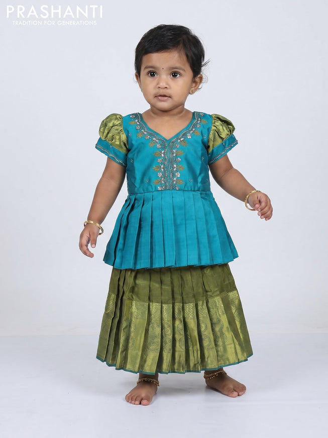 Pure silk kids Lehenga teal blue and mehendi green with embroidery neck pattern and puff sleeve