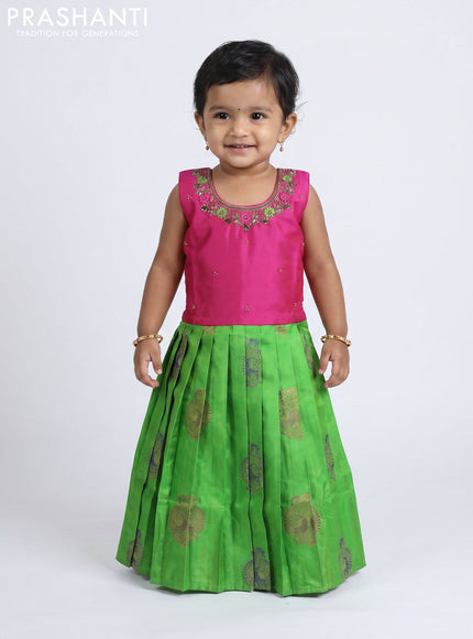 Pure silk kids frock pink and light green with embroidery neck pattern and sleeveless style