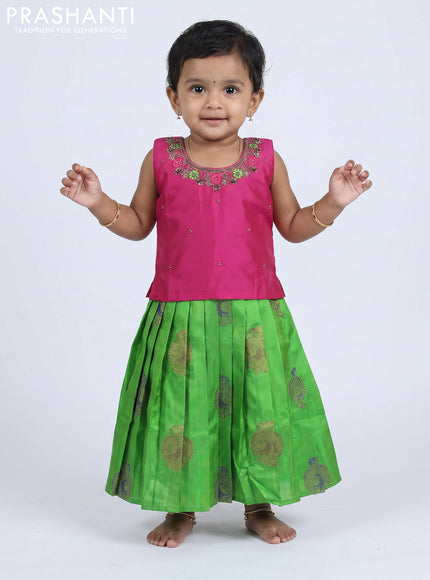 Pure silk kids frock pink and light green with embroidery neck pattern and sleeveless style