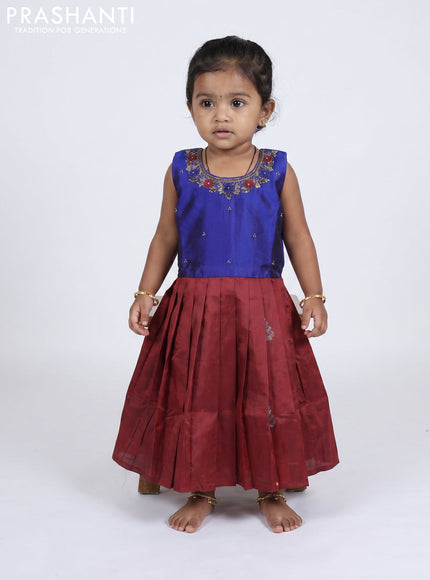 Pure silk kids frock blue and maroon with embroidery neck pattern and sleeveless style