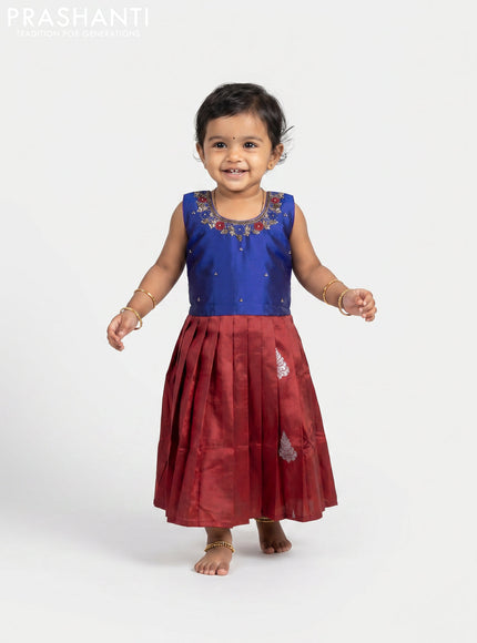 Pure silk kids frock blue and maroon with embroidery neck pattern and sleeveless style