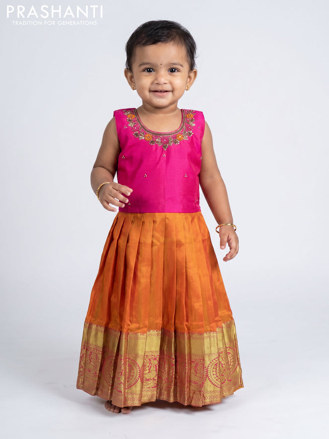 Pure silk kids frock pink and dual shade of mustard with embroidery neck pattern and sleeveless style