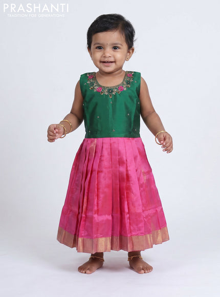 Pure silk kids frock green and pink with embroidery neck pattern and sleeveless style