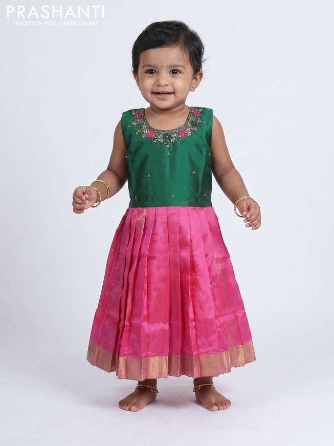 Pure silk kids frock green and pink with embroidery neck pattern and sleeveless style