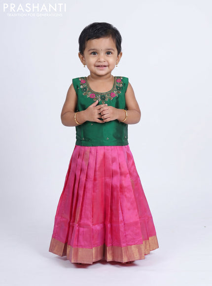 Pure silk kids frock green and pink with embroidery neck pattern and sleeveless style