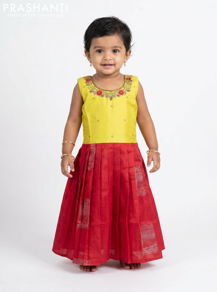 Pure silk kids frock lime yellow and red with embroidery neck pattern and sleeveless style