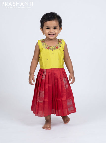 Pure silk kids frock lime yellow and red with embroidery neck pattern and sleeveless style