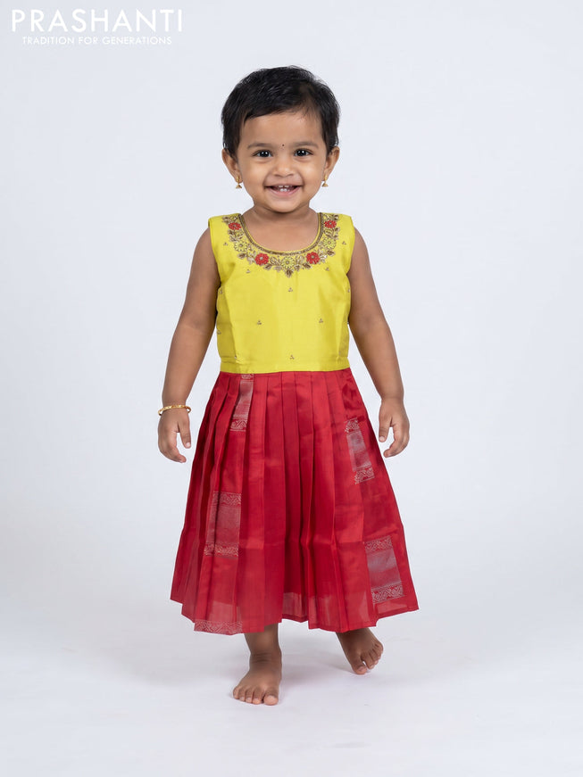 Pure silk kids frock lime yellow and red with embroidery neck pattern and sleeveless style